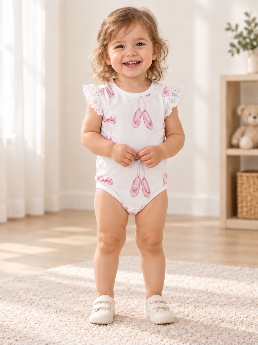 Sleeveless White Baby One-Piece with Pink Ballet Shoe Print